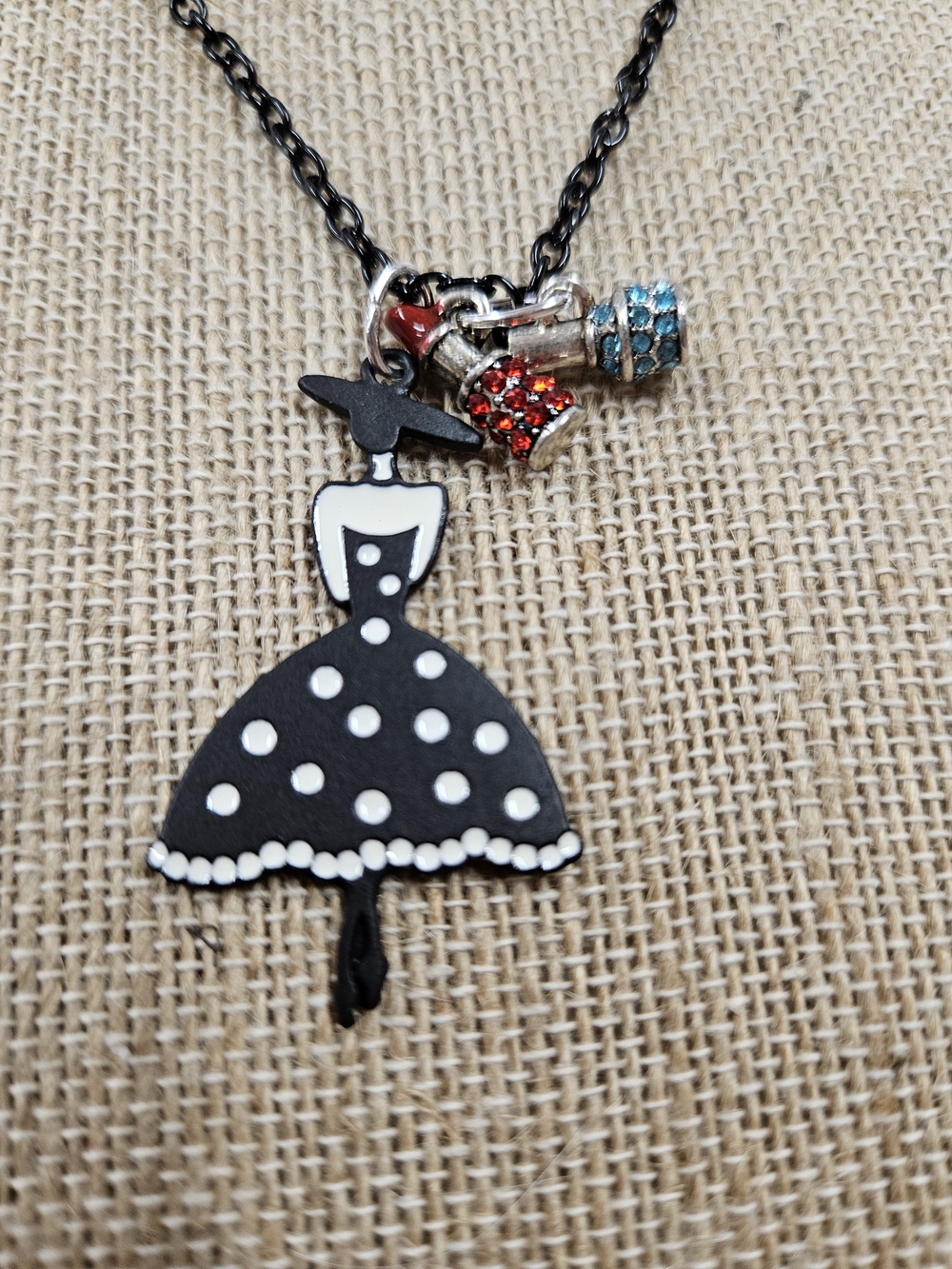 Polka Dot Dress Pendant Necklace with Charms - Black & White